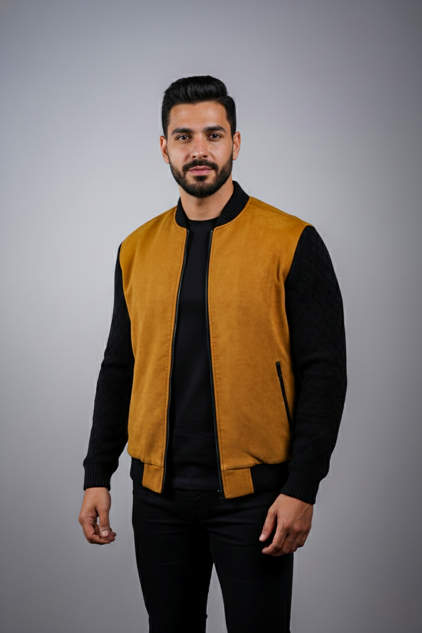 Suede sweater with knitted sleeves