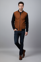 Suede sweater with knitted sleeves